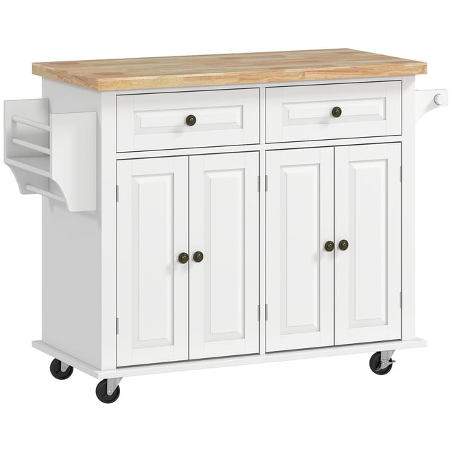 White Kitchen Island Cart with Storage & Spice Rack - Rolling Kitchen Trolley, 43.7" x 17.5" - Ideal for Kitchen & Dining Room Organization