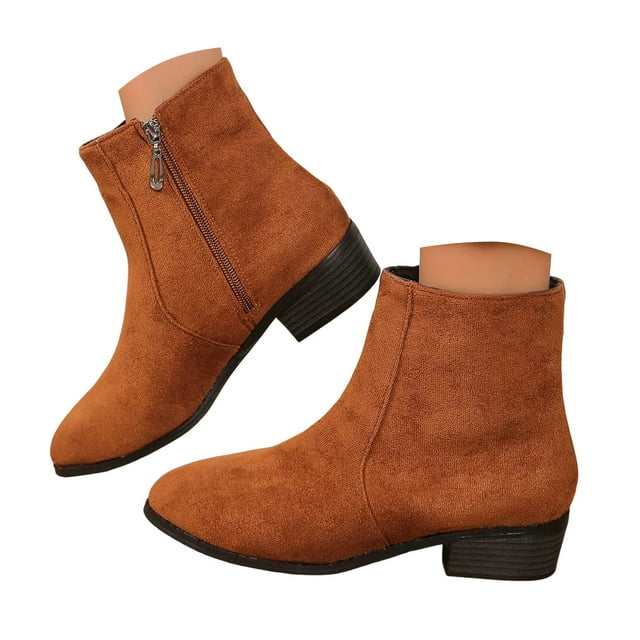 Leozcaa Women's Heeled Ankle Boots Fashion Pointed Toe Chunky Block Heel Side Zipper Suede Short Booties