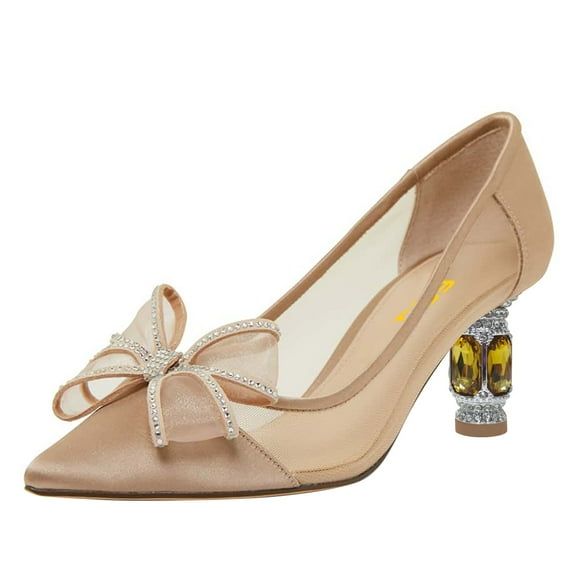 FSJ Women Chic Rhinestones Mesh Bow Pointed Closed Toe Pumps Crystal Chunky Mid Heel Slip On Bridal Wedding Dress Shoes Size 8 Champagne