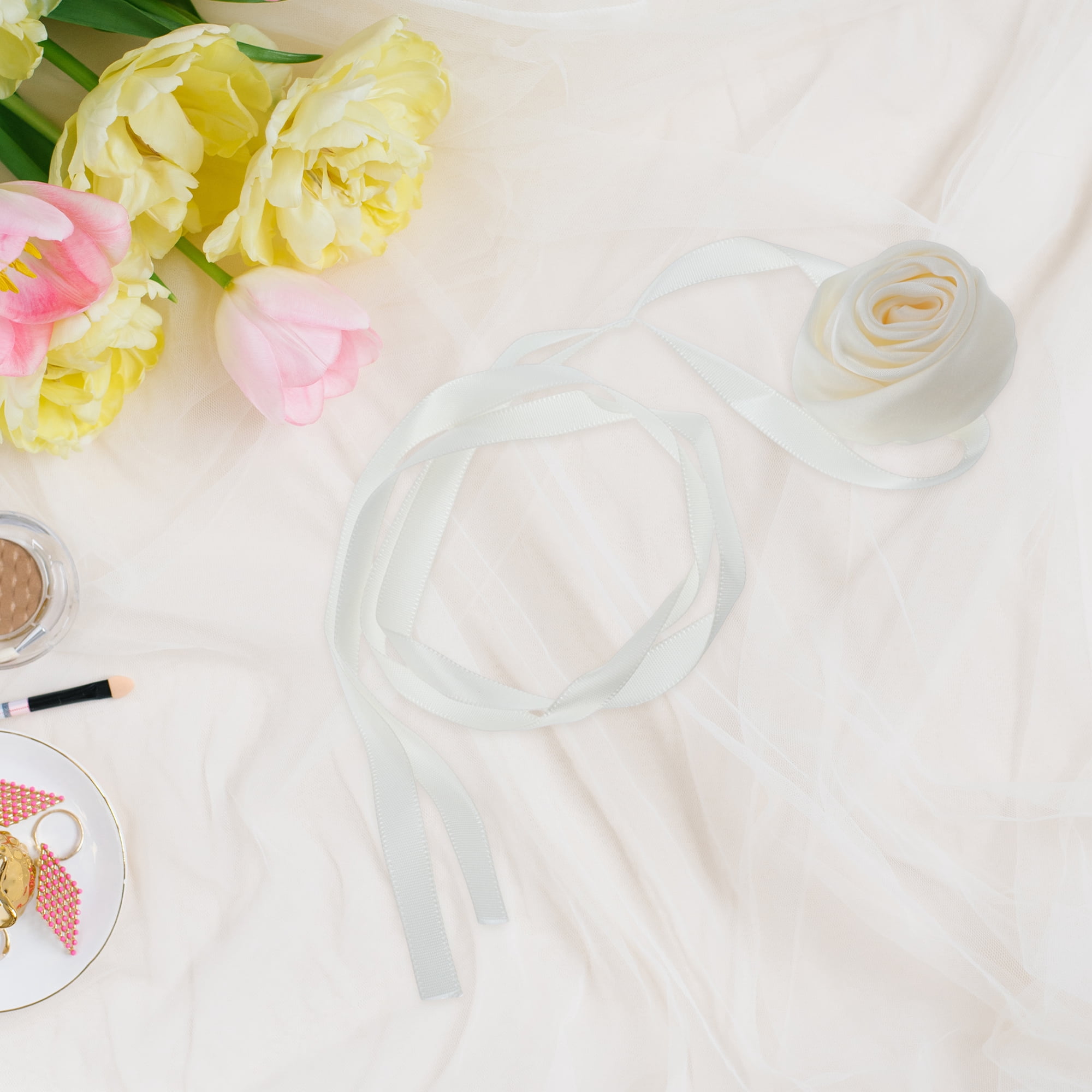 Unique Bargains Satin Rose Tie Choker Necklace 1PC Beige