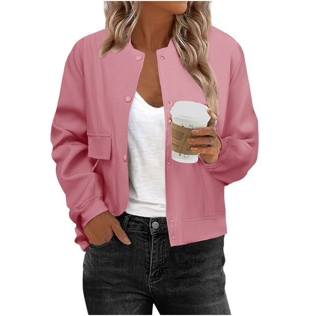 Pincandy Blouson Bomber Décontracté pour Femmes, Veste Universitaire à Boutons avec Poches