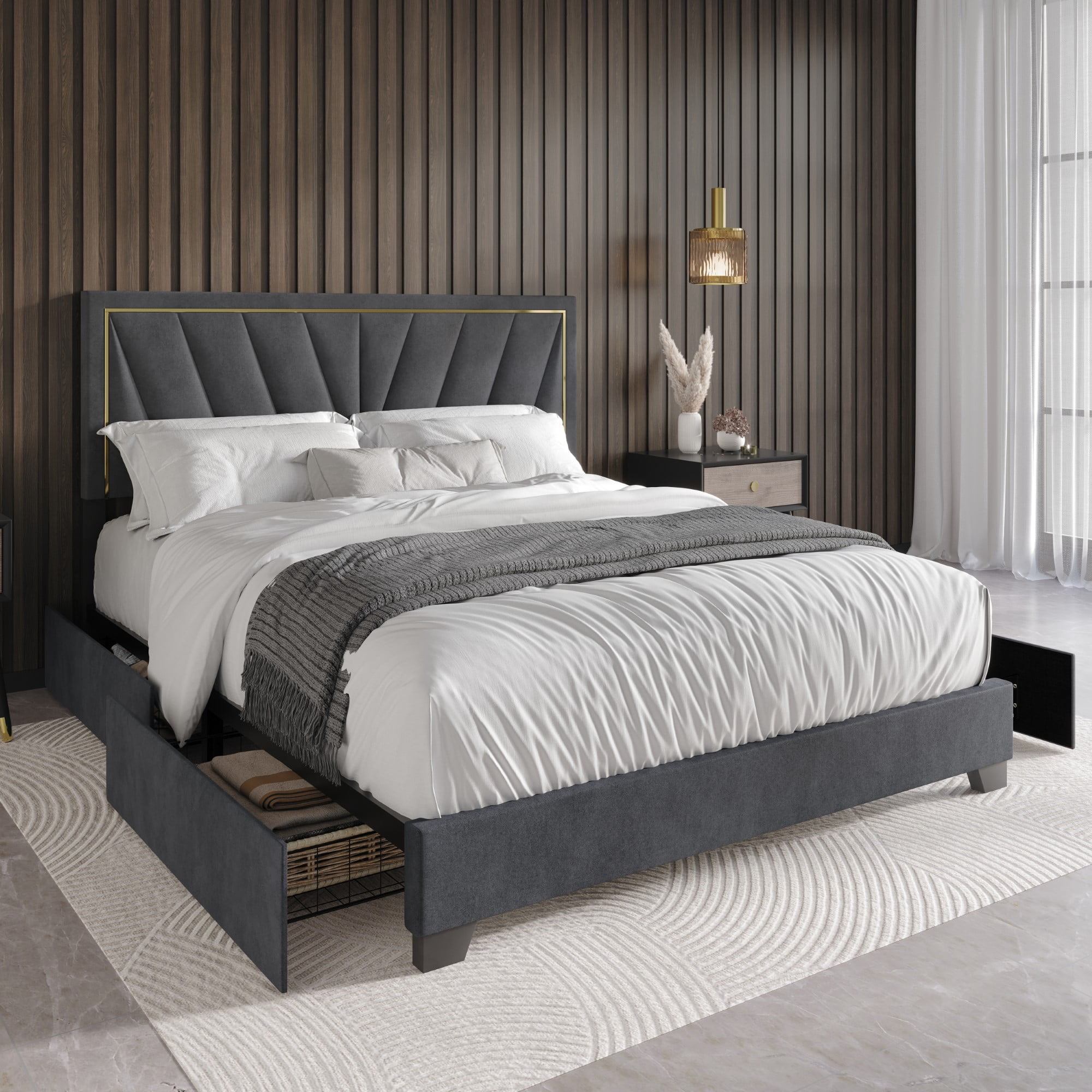 Home Design Valdez Full Upholstered Storage Platform Bed Frame with Gold Aluminum Trim and Four Under-Drawers, Dark Gray, Easy Assembly