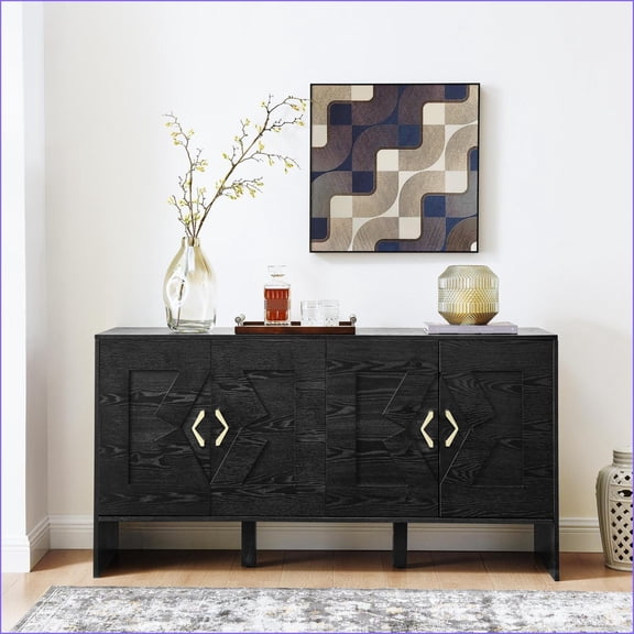Sideboard Buffet Cabinet, 60" Mid Century Modern Black Storage Console with Adjustable Shelves & Outlet Holes | P2 Grade MDF | Solid Wood Feet