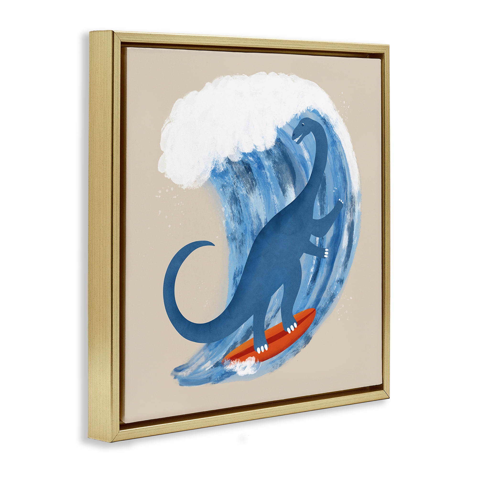 Stupell Industries Surfing Dino Brontosaurus Novelty & Humor Painting Gold Floater Framed Canvas Art Print Wall Art, 18 x 18