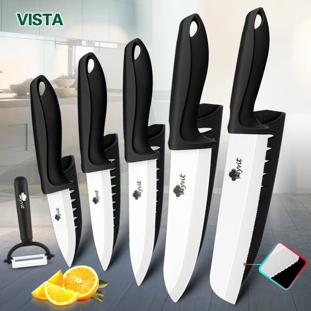 6PCS Ceramic Knives Set for Kitchen 5-Piece Sharp Paring Knives with Covers and a Peeler,Sharp 6-inch Serrated Bread Knife Fruit Cutter 3", 4", 5" Inch