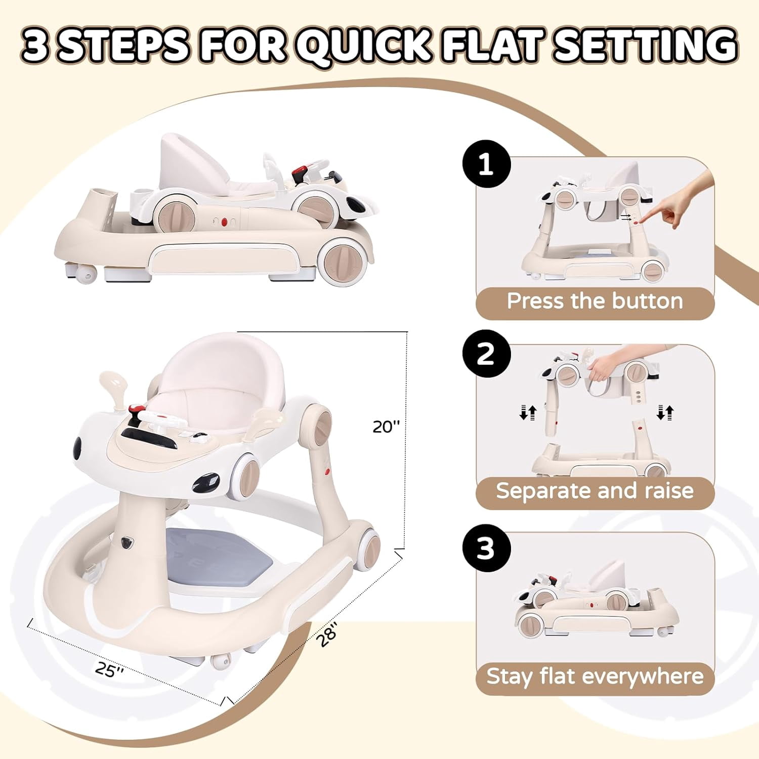 5 in 1 Baby Walker for Boys Girls,Foldable,Music,Jumper,Rocking,Push W/ 3 Height Adjustable for Infant 6-18 Months,Beige