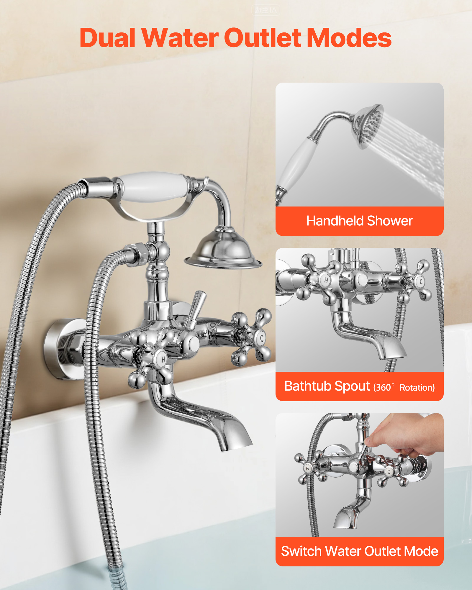 VEVOR Clawfoot Tub Faucet, Wall Mount Bathtub Faucets with Handheld Shower, Vintage Polished Chrome Clawfoot Tub Filler Faucet Shower Kit with Adjustable Swing Arms & 360° Rotation Spout for Bathtubs