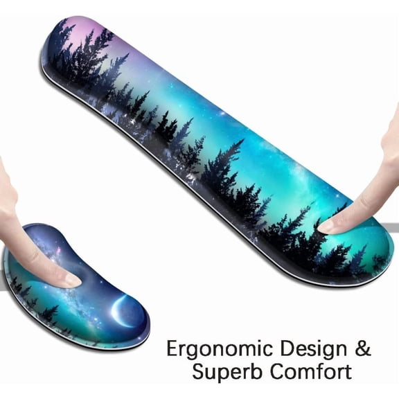 WEIFEI-Keyboard Mouse Pad Set, Extended Gaming Mouse Pad Ergonomics Keyboard Wrist Rest Support, Memory Foam, Easy Typing Pain Relief, 3Pcs XXL Ultra Thick Desk Mat, Moon Forest