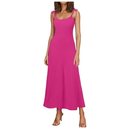 QYZEU Womens Bodycon Dresses Summer Solid Color Comfy Dresses for Women Women s Maxi Dresses Spaghetti Strap Square Neck Ribbed Knit Dress Work Midi Dress Hot Pink S