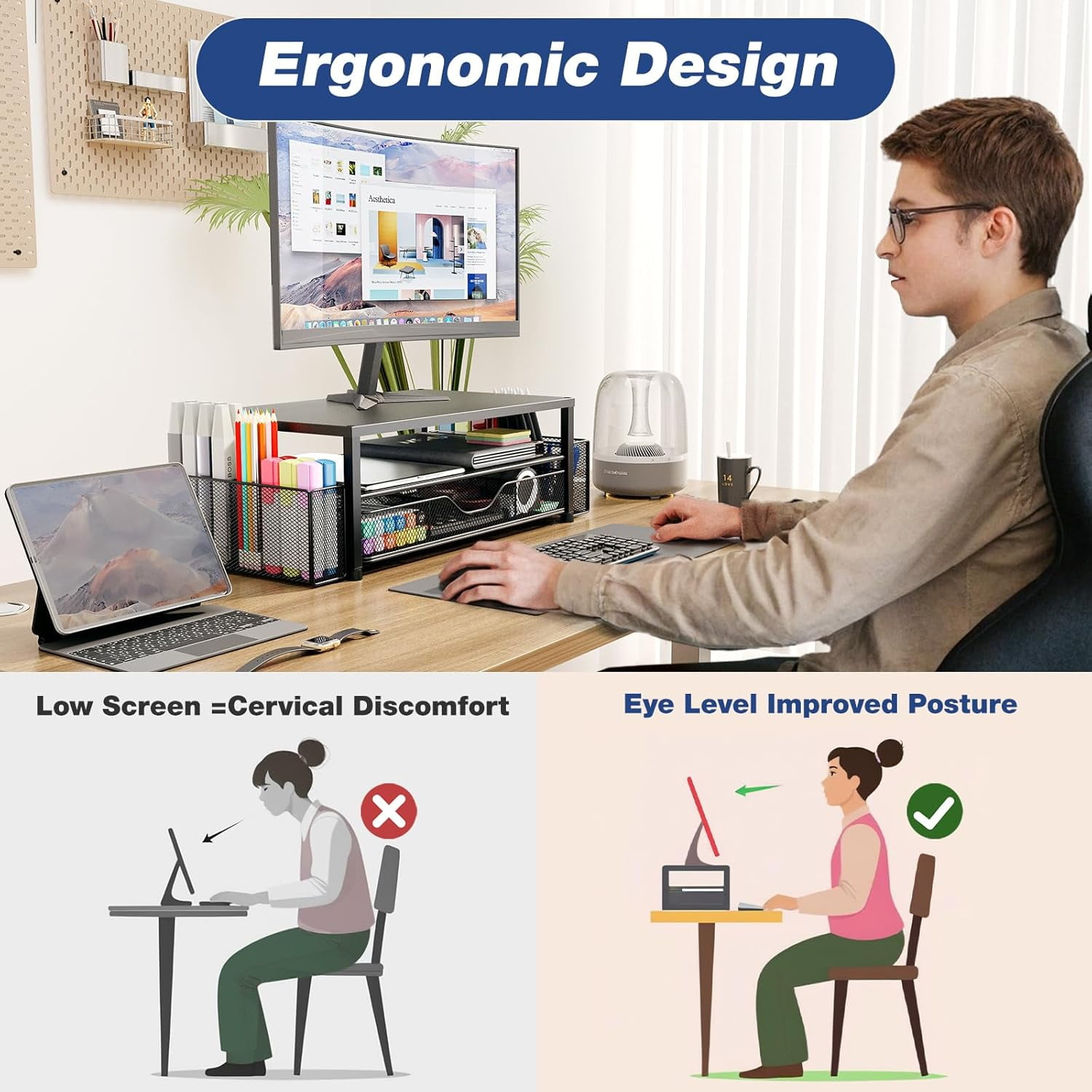 Desk Organizers and Accessories, 2-Tier Computer Monitor Stand Riser with Drawer and 2 Pen Holders, Office Desk Accessories for Office Supplies