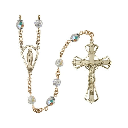 Swarovski Crystal Crucifix - 14k Yellow Gold Filled Rosary 6mm Crystal Swarovski Austrian Tin Cut Aurora Borealis Crucifix 1 3/4 x 1 1/8 Miraculous medal