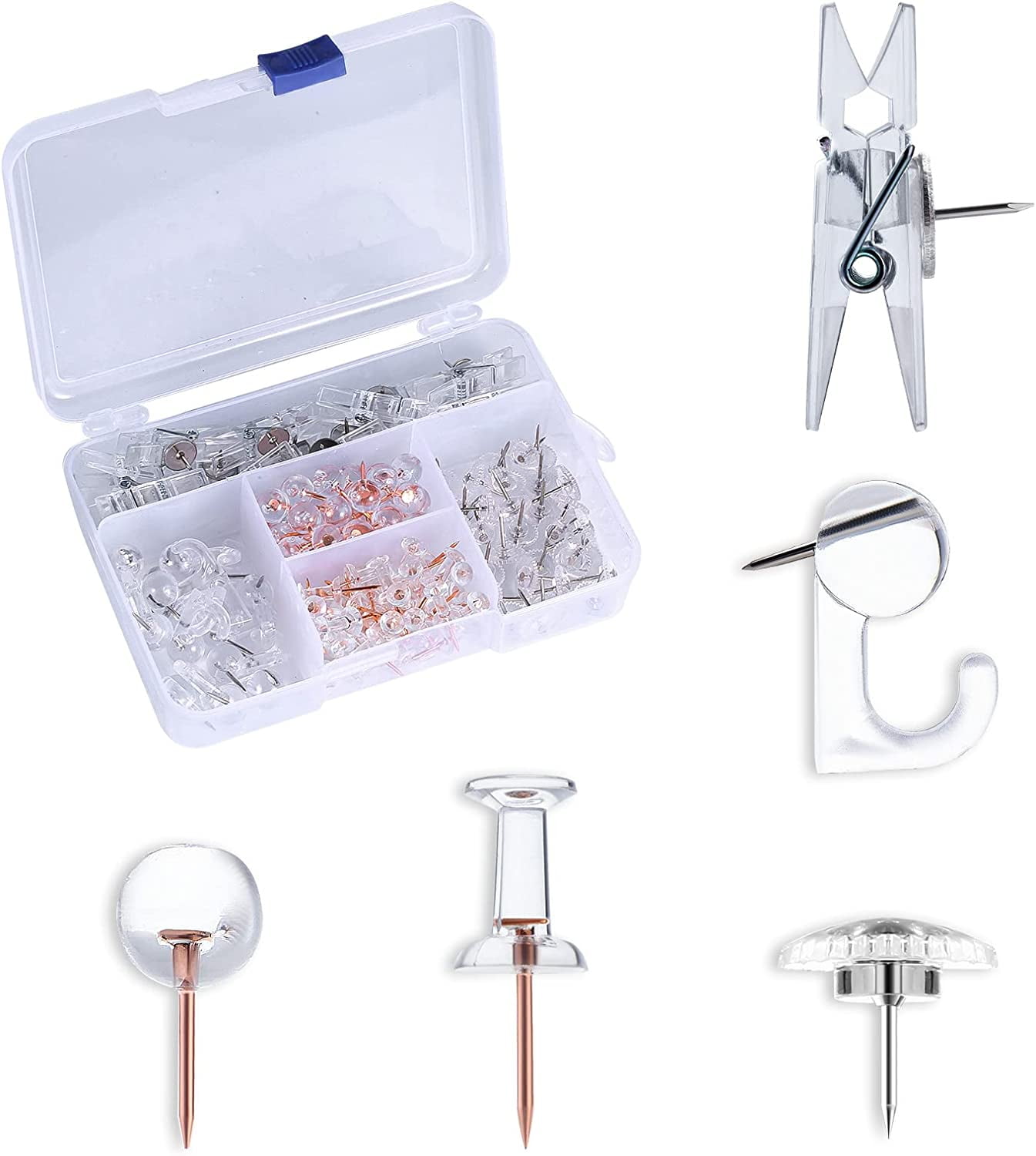 140pcs Push Pins Set, Clear Push Pins with Hooks Thumb TacksThumb Tacks