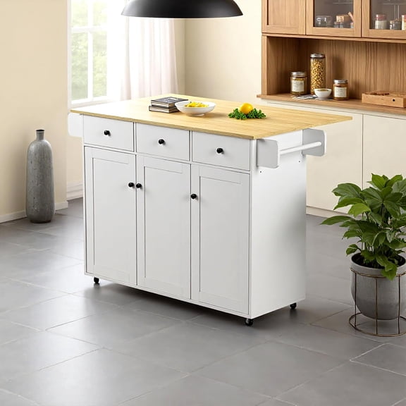 45.3" Mobile Kitchen Island Cart with Drop Leaf, Large Storage Cabinets & Drawers, Rolling Kitchen Trolley with Wood Countertop, Towel Rack & Adjustable Shelves, White