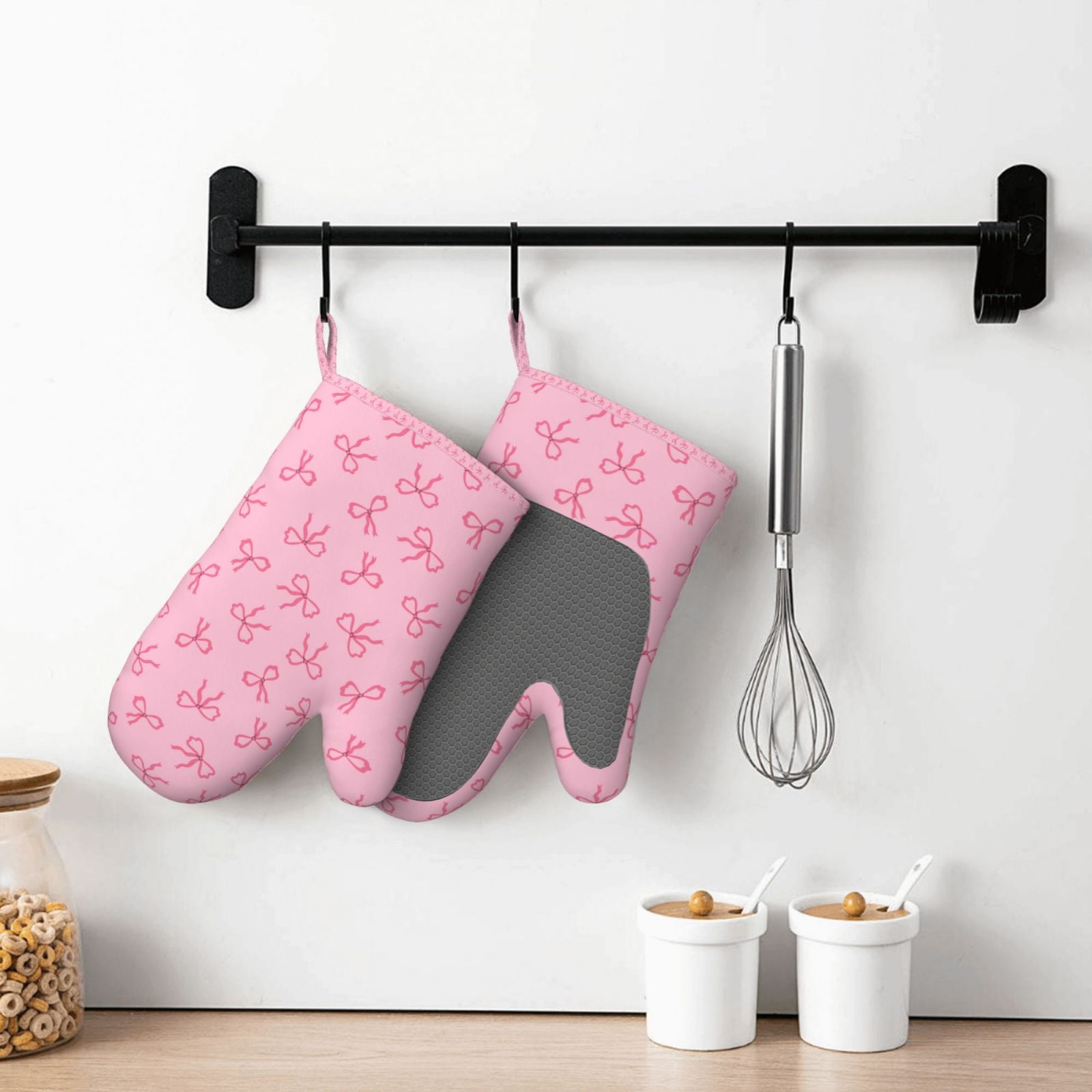 Hirioo Pink Bows for Silicone Oven Mitts for BBQ, Baking, Cooking, Set of 2, Heat Resistant 260℃, Non-Slip Kitchen Essentials