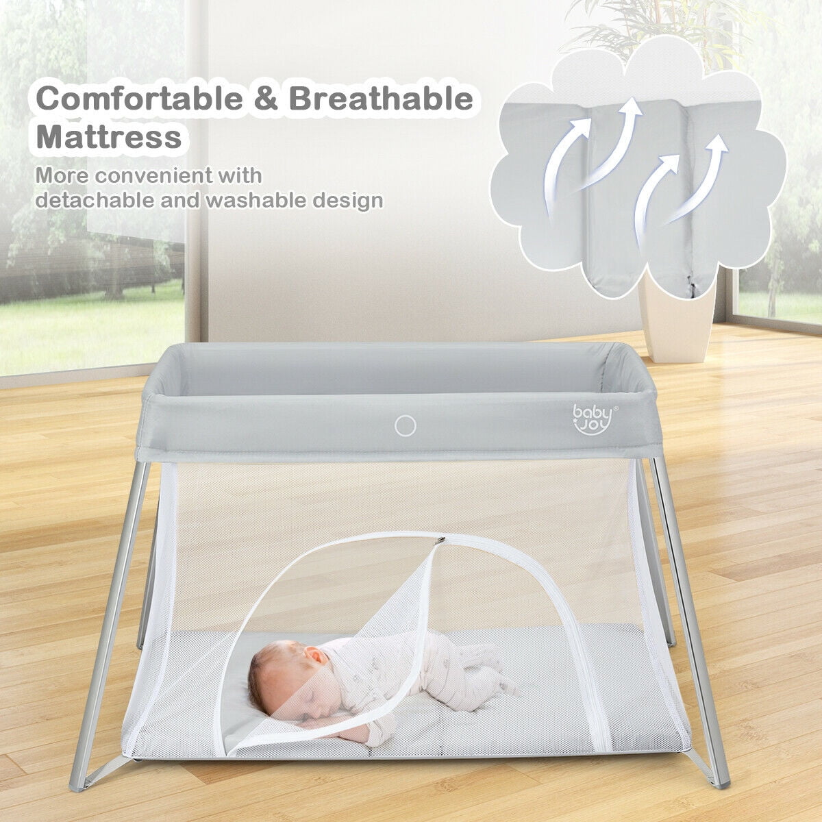 Gymax Gray Foldable Baby Playpen Playard Lightweight Crib w/ Carry Bag For Infant, Unisex