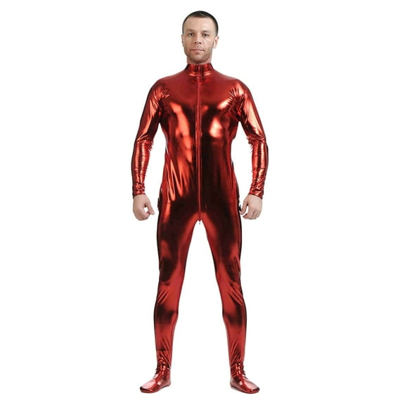 Mepaouo Latex Catsuit Front Zipper Tights for Men Rubber Bodysuit Jumpsuit Party Wear Sizes S-3X