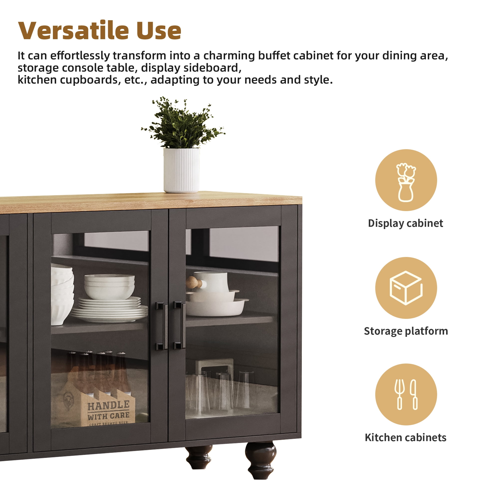 Euroco 110" Entertainment Center Wall Unit Set with Glass Display Cabinets, Adjustable Shelves & Vintage TV Stand for TVs up to 85", Farmhouse Style Media Console with Storage, Gourd Legs