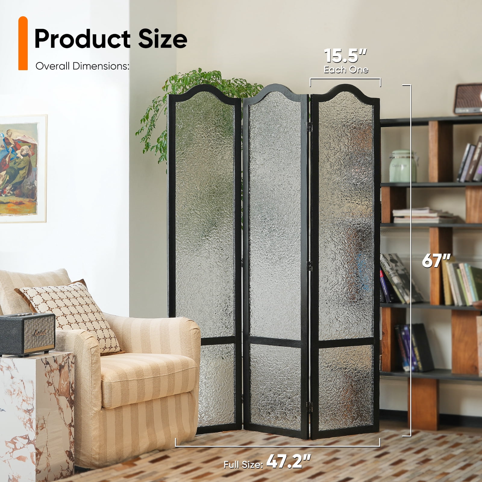 Jostyle 3 Panel Acrylic Room Divider Privacy Screen Translucent Folding Partition with Paulownia Wood Frame Black, Shatterproof & Space-Saving for Living Room, Bedroom, Office