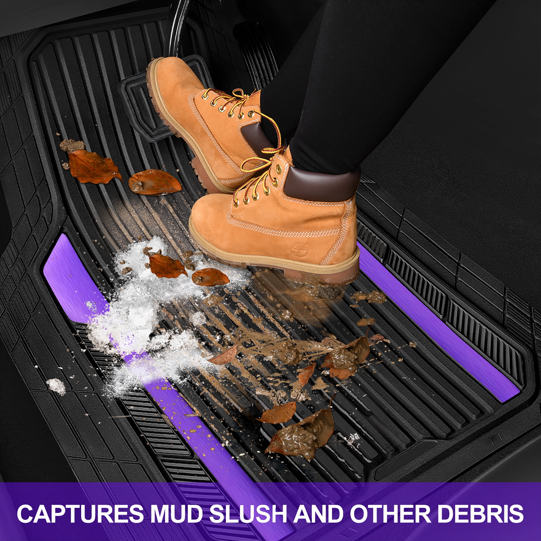 Auto Drive 4-Piece Black & Purple Heavy Duty Rubber Car Floor Mats, All Weather Universal Trim-to Fit for Car, SUV and Truck Mats