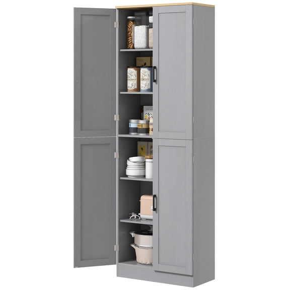 Kitchen Pantry Freestanding, 4-Door Pantry Cabinet with Adjustable Shelves, Distressed White Kitchen Storage