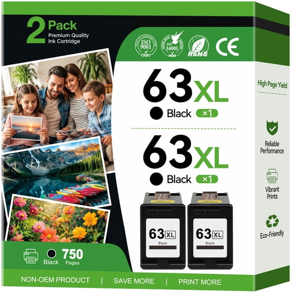 63XL Black Ink Cartridge Compatible for HP 63 Black Ink for HP Ink 63 63XL (2 Pack)