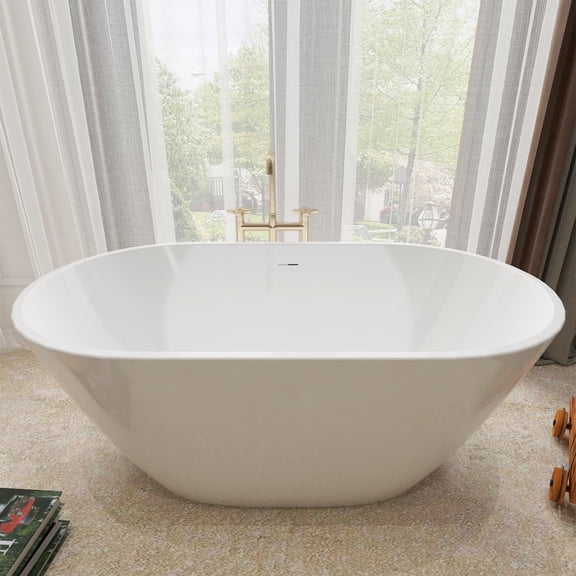 SOTUBX Free Standing Tub 65" Acrylic Freestanding Bathtub Matte White Soaking Bath Tub with Overflow and Chrome Anti-blockage Drain A07 Stand Alone tub
