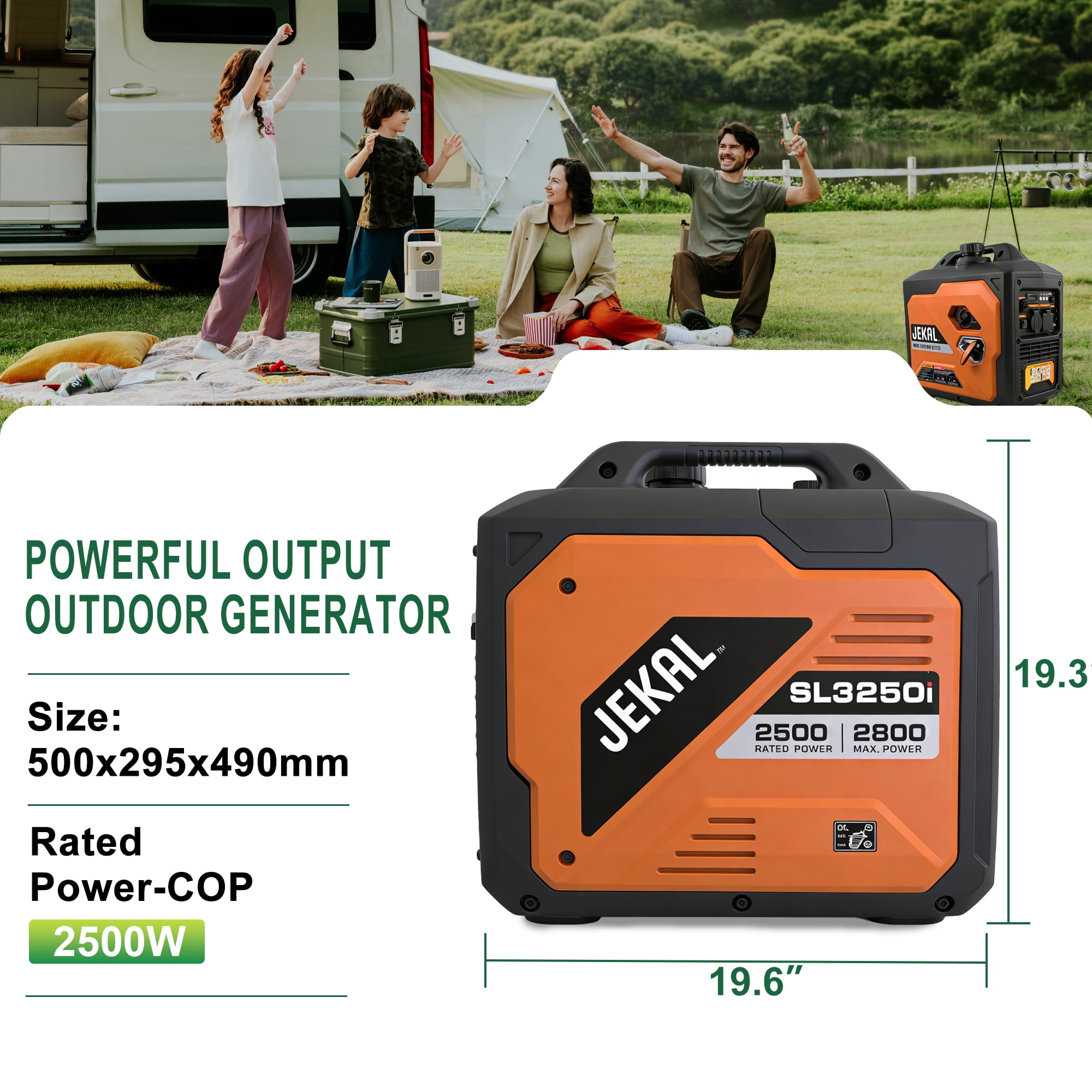 2500W Inverter Generator, 121.6cc 4-Stroke OHV Engine, Quiet Portable Gas Propane Powered with CO Sensor and RV Ready Outlet for Home Backup, Camping & Tailgating