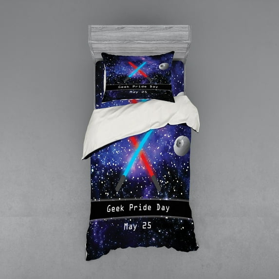 Ambesonne Galaxy Bedding Set 3 Pcs, Geek Nerd Pride Day, Twin, Blue Black and Red