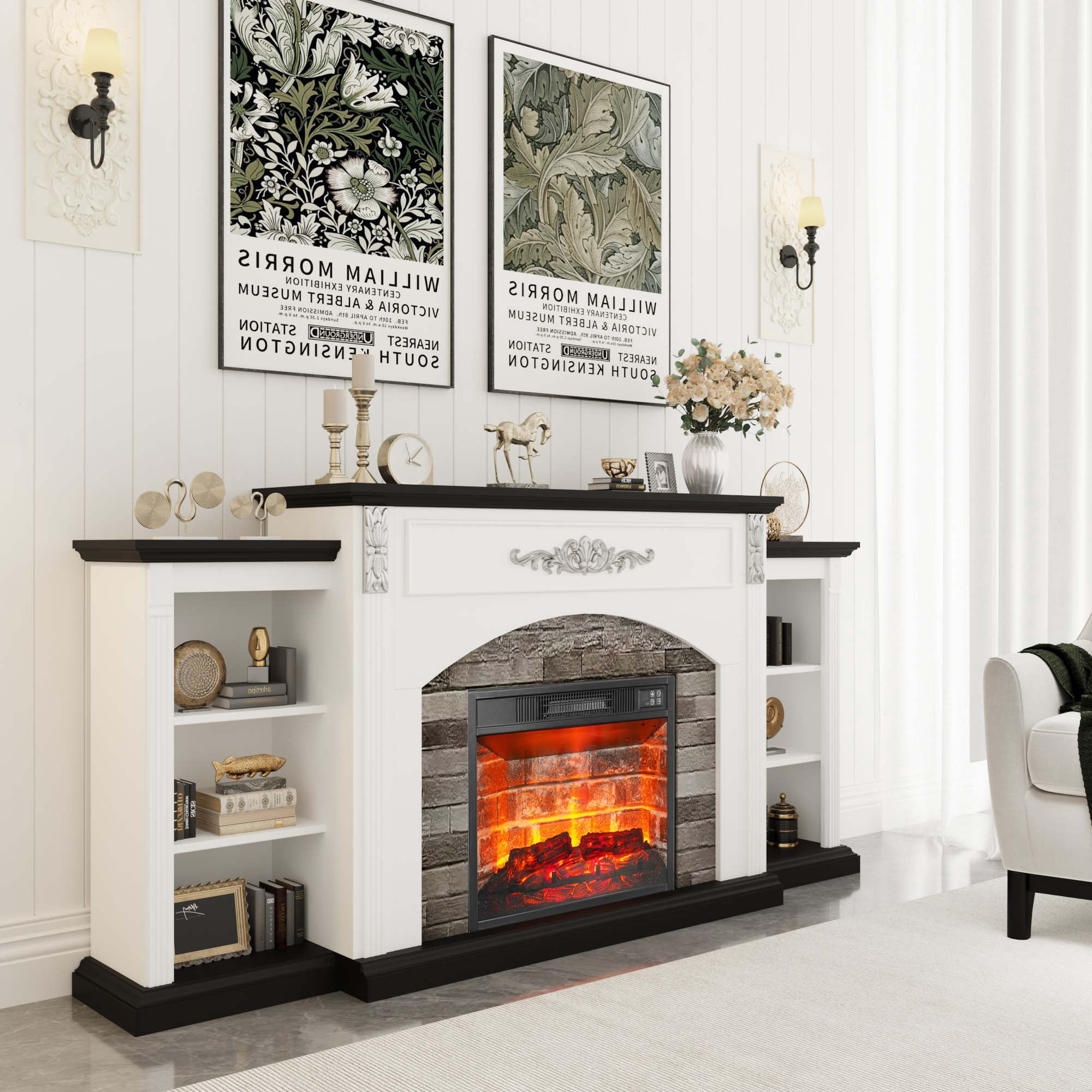 BOSHIRO 72 " Farmhouse Electric Fireplace with Mantel, White TV Stand for TVs Up to 80 Inch, Modern Entertainment Center Accent Furniture, Stacked Stone Surround, 23" Red Brick Fireplace Insert