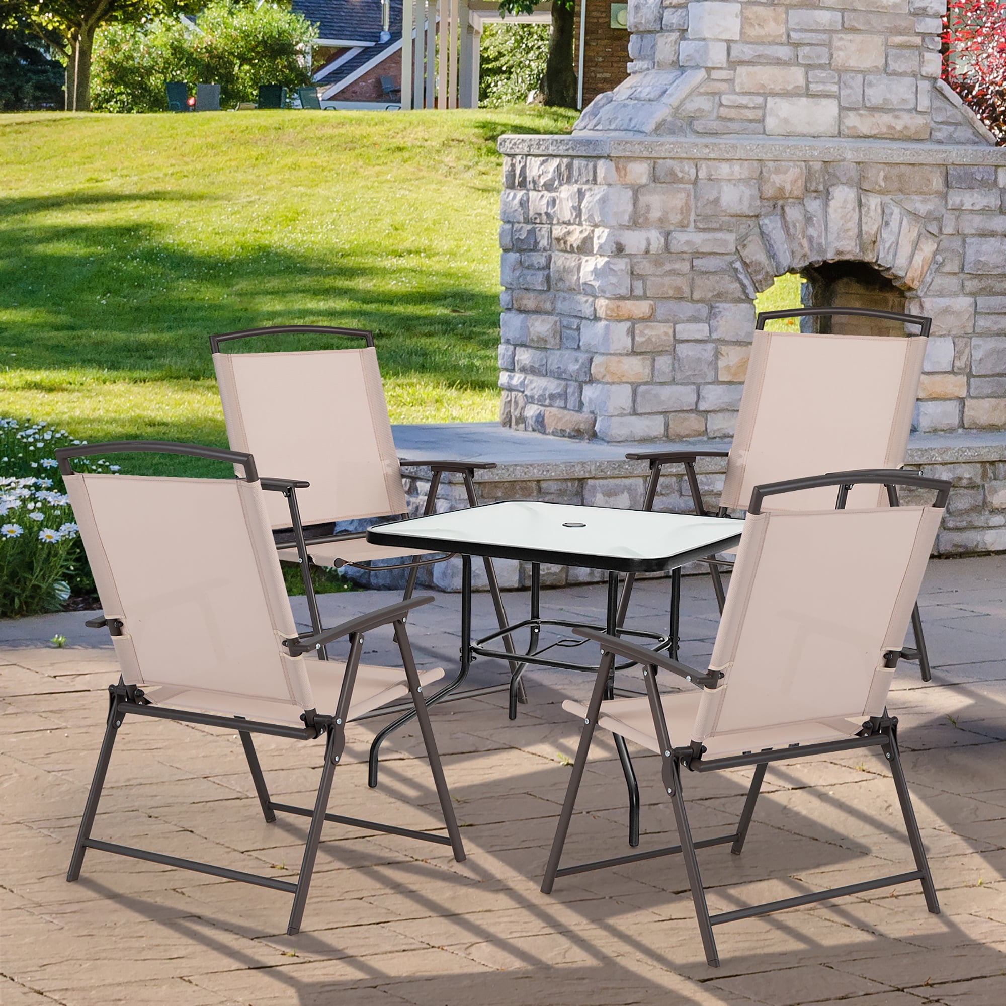 Costway 4 pcs Patio Folding Sling Dining Chairs Armrests Steel Frame Outdoor Beige