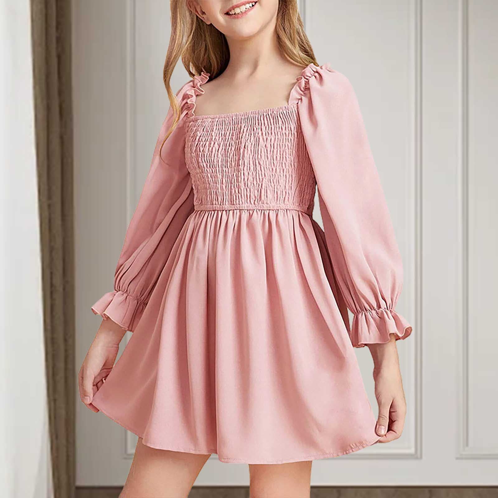 Baby Girl Dress Summer Long Sleeve Ruffle Square Neck Solid