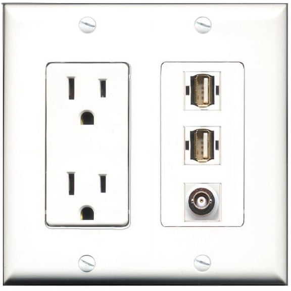 RiteAV - 15 Amp Power Outlet 2 Port USB A-A 1 Port BNC Decorative Wall Plate
