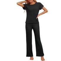 INSPIRE CHIC Women's Ribbed Knit Sweatsuit Round Neck 2 Piece Set Loungewear Short Sleeve Tracksuit XS Black