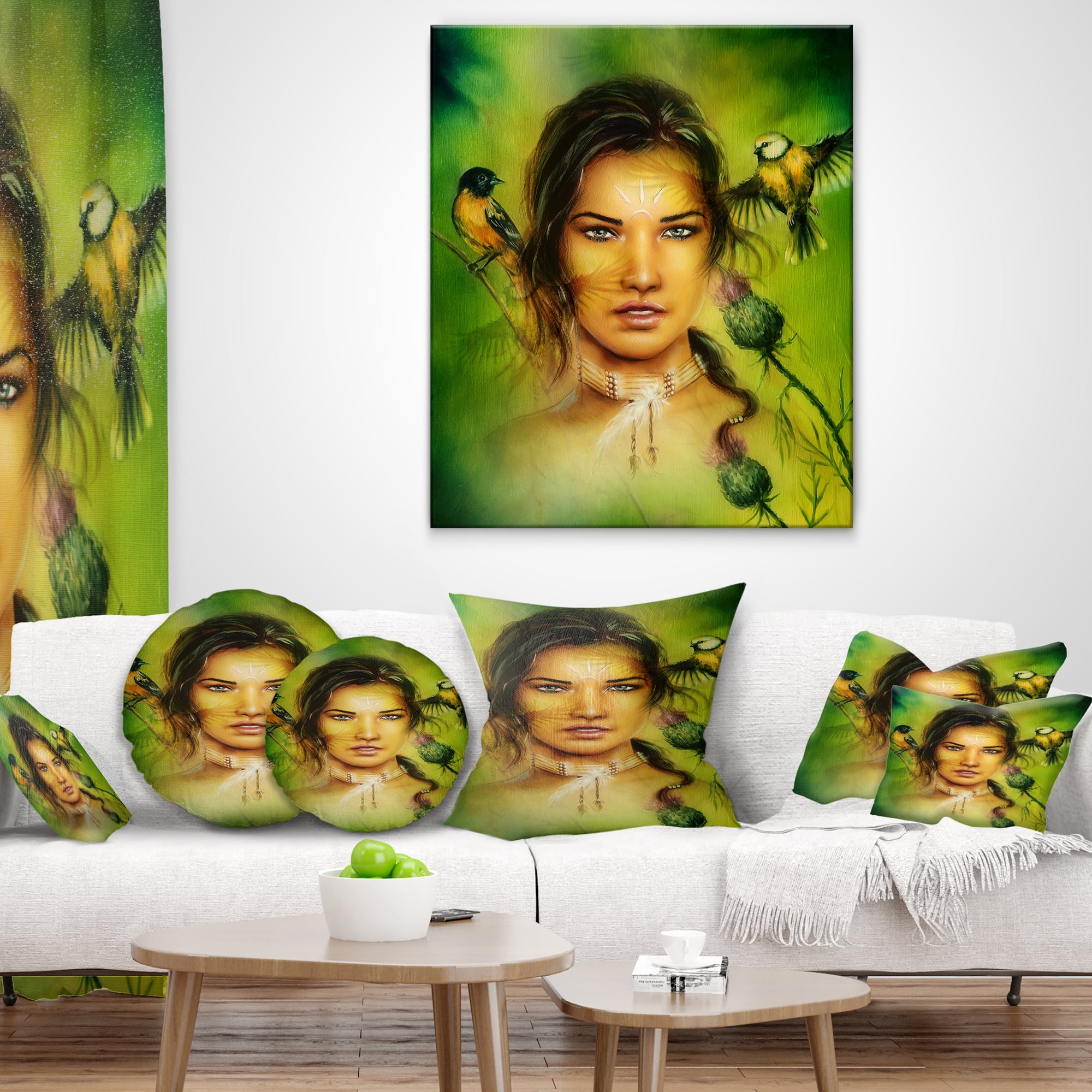 Designart Indian Woman with Birds - Portrait Throw Pillow - 18x18