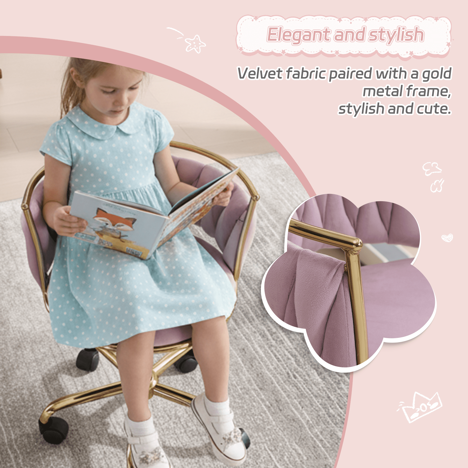 Guyou Kids Desk Chair, Velvet Rolling Swivel Children Chair, Adjustable Student Task Chair, Curved Woven Backrest Vanity Chair for Bedroom Dormitory Children Gifts, Light Purple