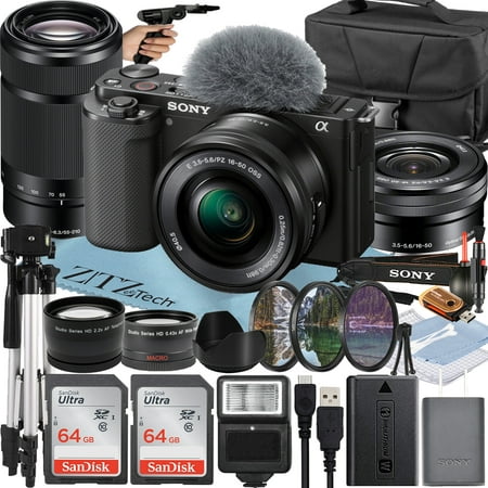 Sony Alpha ZV-E10 Mirrorless Vlog Camera with 16-50mm Lens + 55-210mm Lens + 2 Pack 64GB Memory Card + Flash + Tripod + Case + ZeeTech Accessory Bundle (Black)