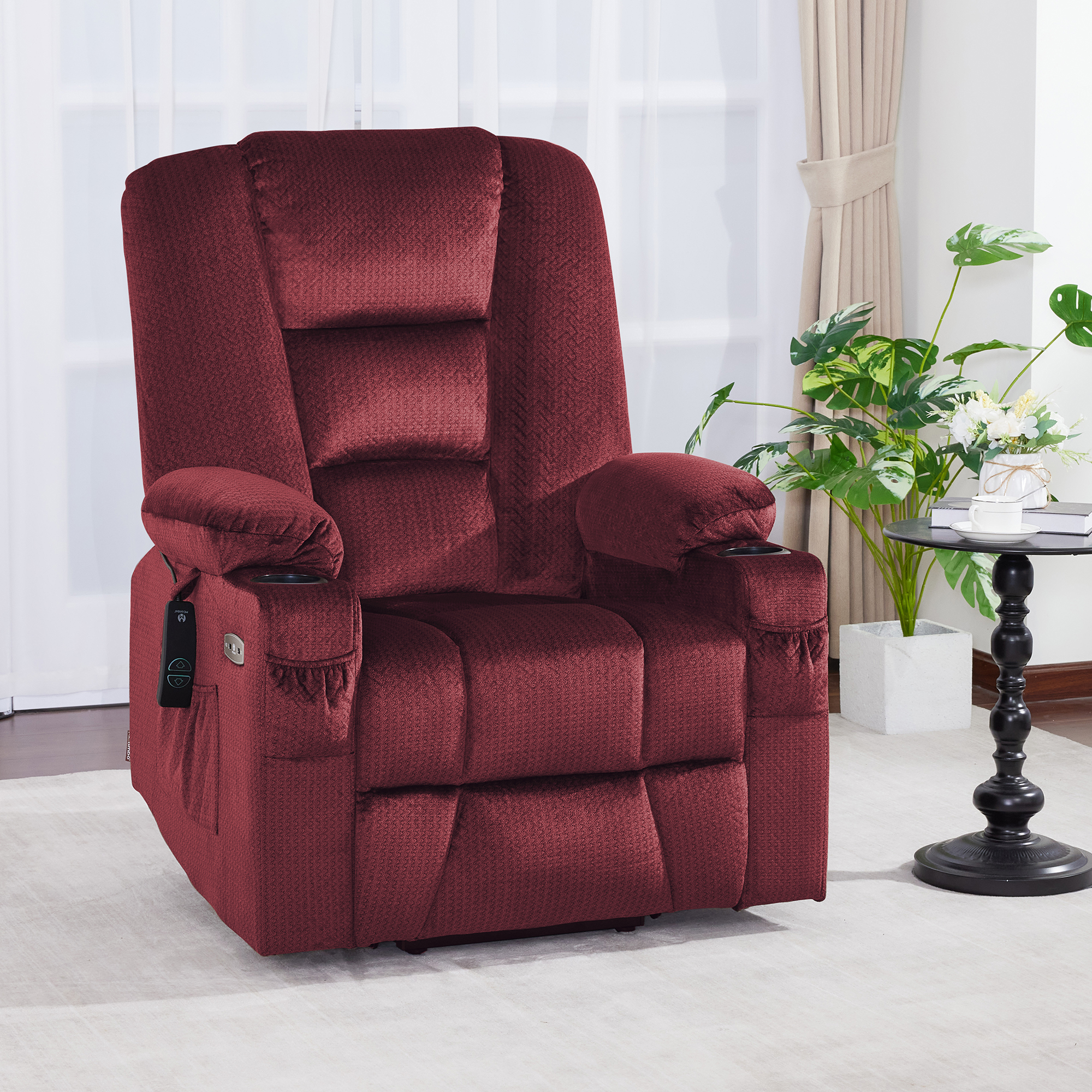 MCombo Large Power Lift Recliner Chair Sofa with Massage and Heat for Elderly People, Extended Footrest, Hand Remote Control, Lumbar Pillow, USB Ports, Fabric 7549 (Large, Burgundy)