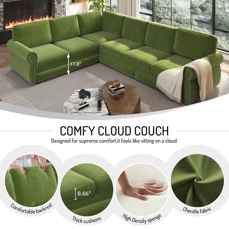 118" L-Shaped Convertible Sleeper Couch Bed, Chenille Upholstered Sectional Sofa with Pull-Out Sofa Bed, Modern Chesterfield Sofa for Living Room
