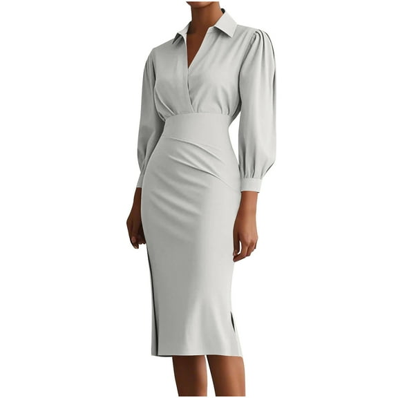 Women Bodycon Pencil Dress Long Sleeve Fashion Wrap V Neck Business Work Midi Elegant Office Pleated Sheath Dresses
