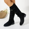 thumbnail image 2 of Women's Knee High Boots Flat Low Heel Winter Dress Tall Boot Suede Buckle Slouch Retro Riding Boots, 2 of 7