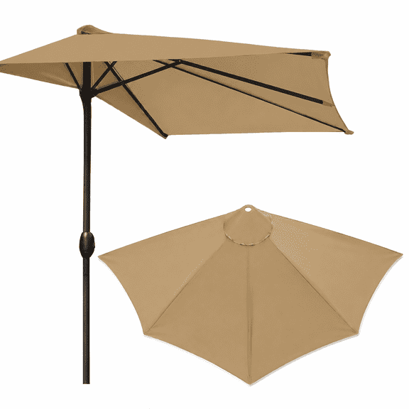 ABCISI 9 FT Half Umbrella Replacement Canopy, 5-Rib Polyester Patio Umbrella Top Cover with Reinforced Pockets, UV and Water Resistant Cloth for Market, Yard, Deck and Balcony, Khaki