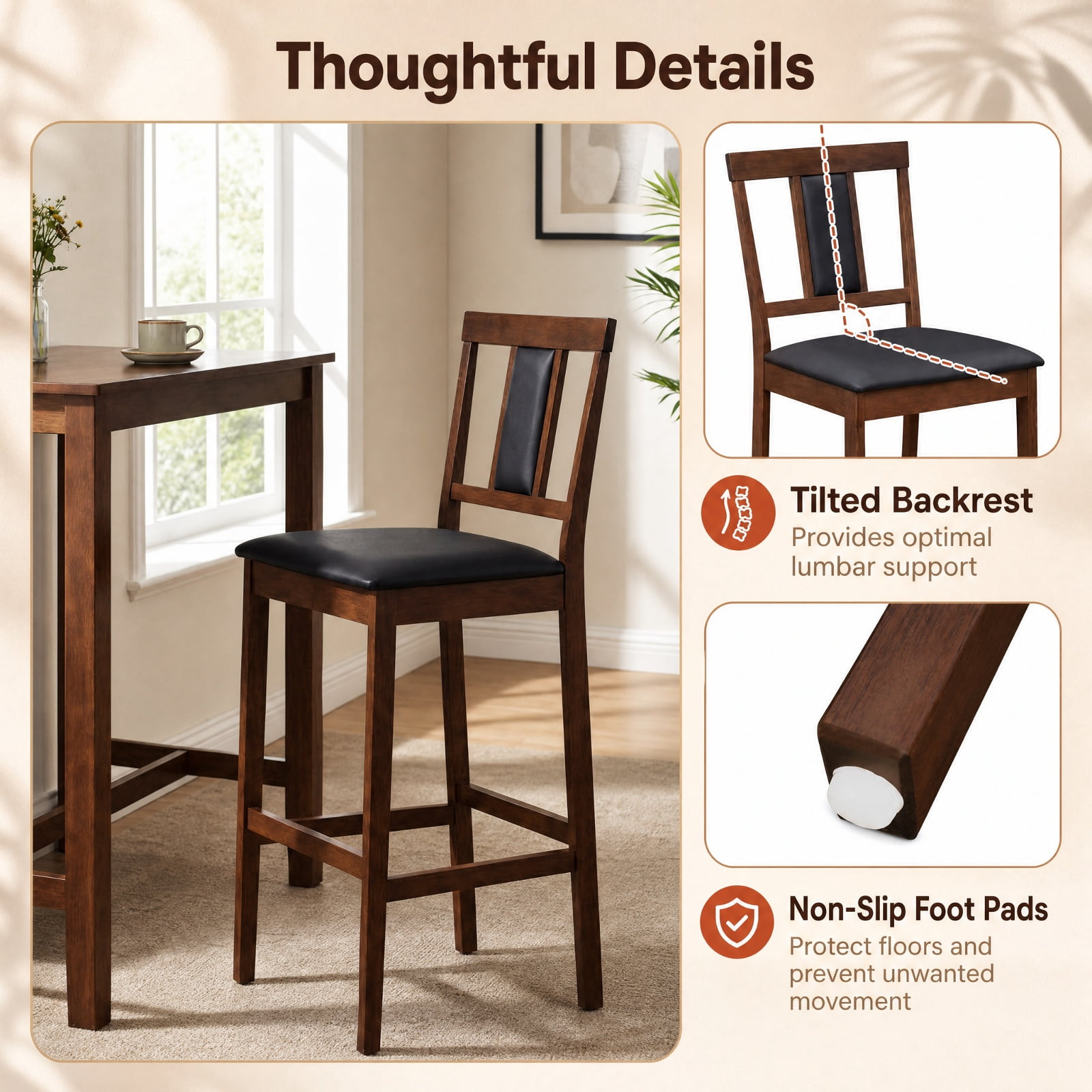 Furnibear Set of 2 Upholstered Barstool 29.5 Inch Bar Height with Solid Rubber Wood Frame for Kitchen Island Counter Bar Pub Dining Home, Walnut
