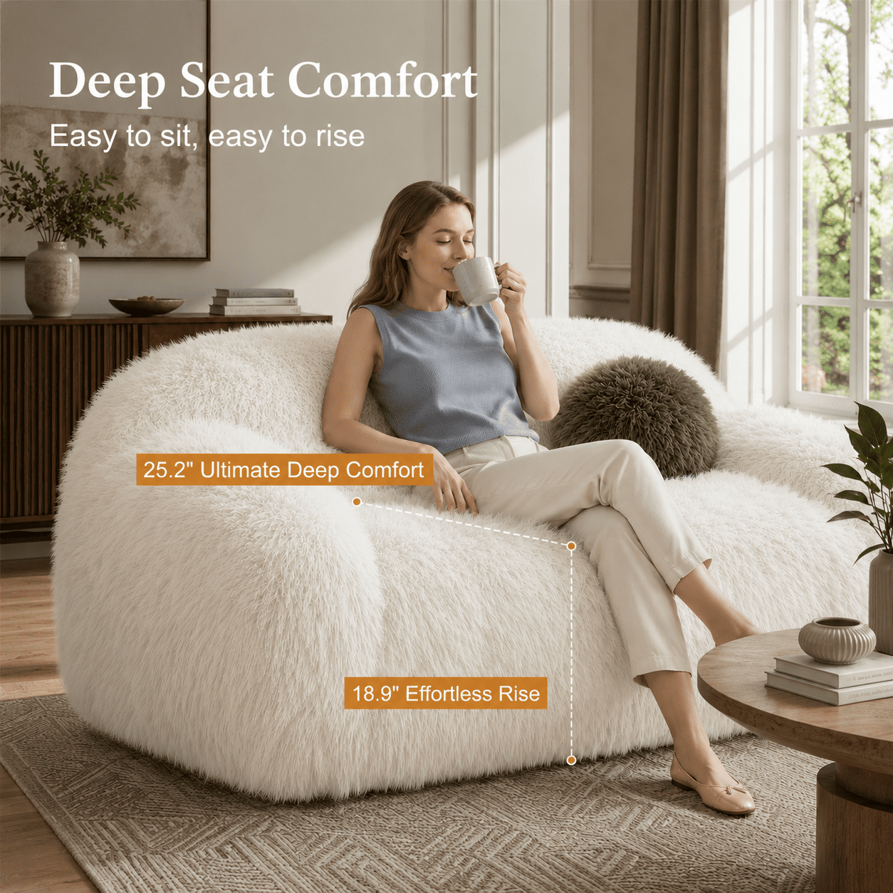Aenkyo 67 Inch Plush Faux Fur Loveseat Sofa, 25 Inch Deep Seat 2-Seater Couch with Ball Pillow, White