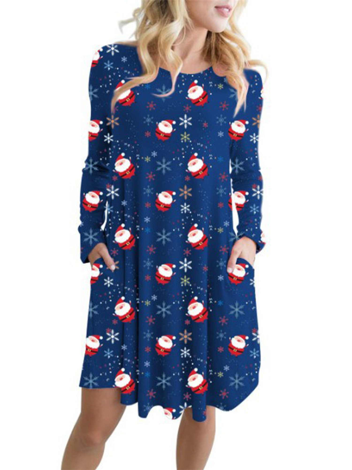 UKAP Women's Plus Size Loose Christmas Long Sleeve Midi Dress Lady's Xmas Cute Snowman Printed Dress Casual Shift Holiday Pleated Pockets Dresses - image 1 of 2