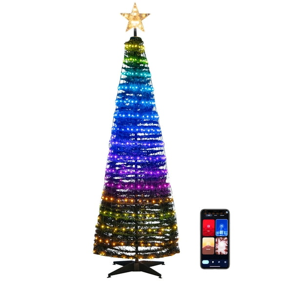 Topbuy 6FT Pop-up Pre-lit Christmas Tree Collapsible Artificial Xmas Tree w/282 RGB Multi-color Lights Tree Top Star, Metal Base Indoor & Outdoor Lighted Christmas Decor