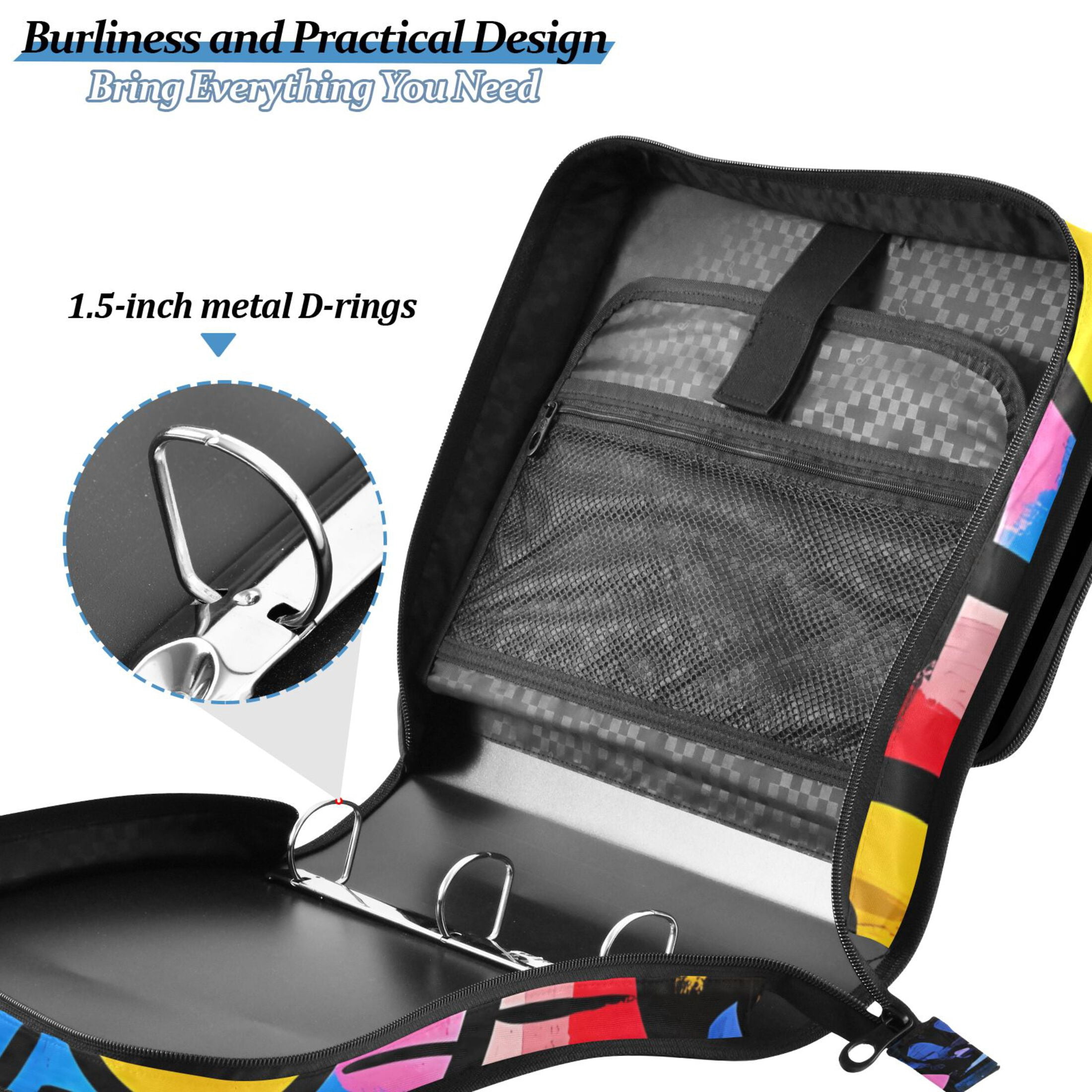 3 Ring Zipper Binder with Shoulder Strap Waterproof Trapper Keeper 2 Inch D-Ring 500 Sheets Capacity Cartoon Graffiti Cat