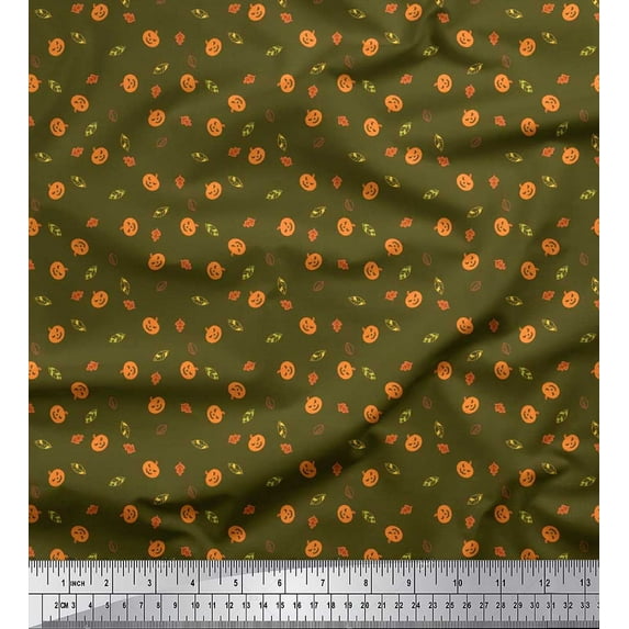 Soimoi Poly Georgette Fabric Leaves & Pumpkin Halloween Print Fabric by The Yard 42 Inch Wide