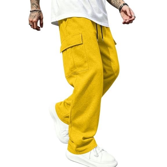 Resicozy Casual Cargo Pants Men Elastic Waist Sweatpants Loose Fit Lightweight Pants with Pockets Outdoor Hiking Athletic Joggers Yellow 2XL