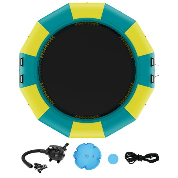 KFFKFF Water Bounce Inflatable, 13ft Water-Based Trampoline, Mobile Swim Platform with 3-Tier Ladder & Electric Inflation Device, Children and Adults Pool, Lake, Water Activities Floating Springboard