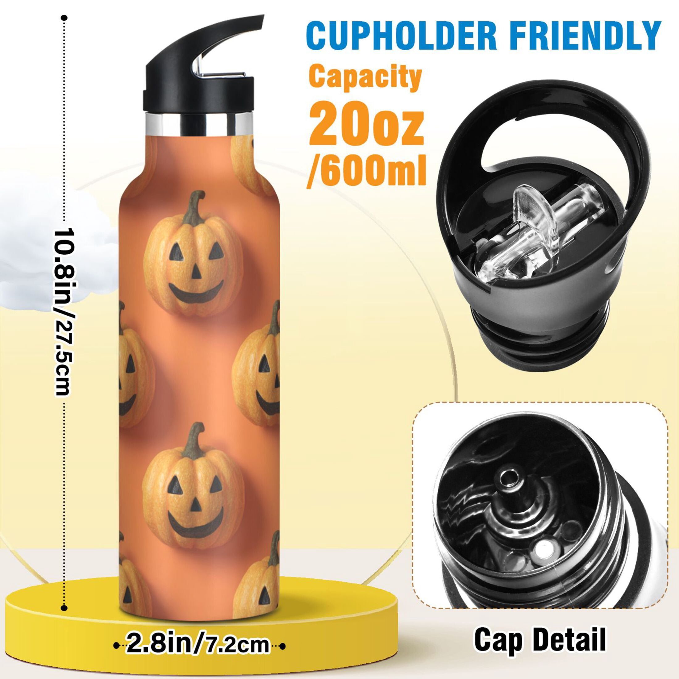 Kids Insulated Stainless Steel Sports Water Bottle 600ml (20oz) 3d Pumpkin